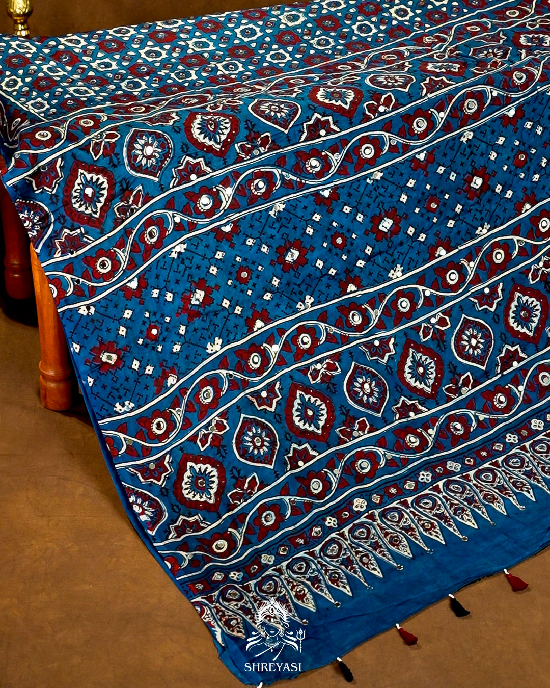 Mirror Work Pure Modal Silk Ajrakh Hand Block Printed Saree | Naturally Dyed Artisan Collection