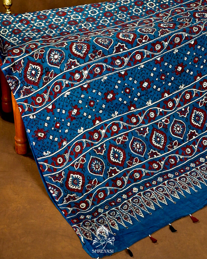 Mirror Work Pure Modal Silk Ajrakh Hand Block Printed Saree | Naturally Dyed Artisan Collection