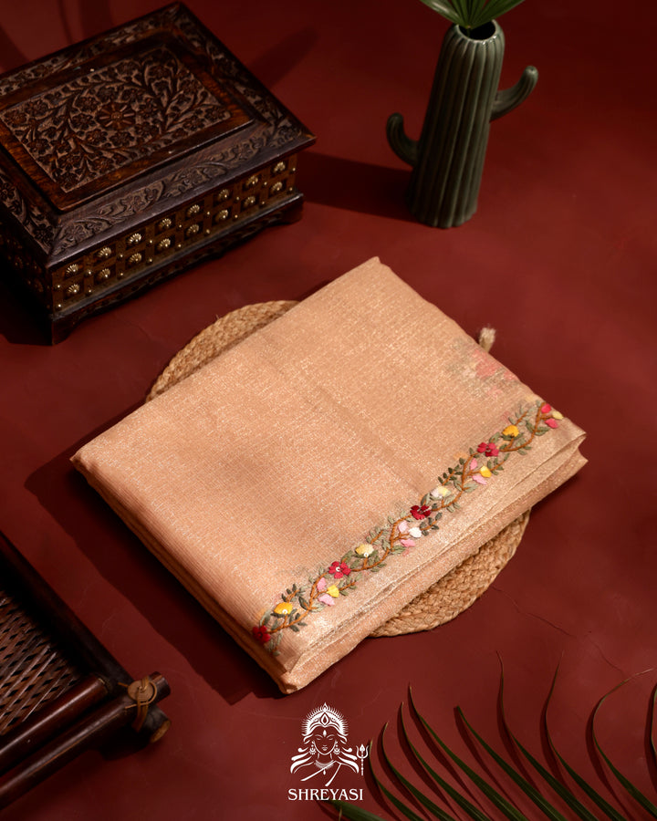 Tissue Linen Saree with Resham Floral Embroidery