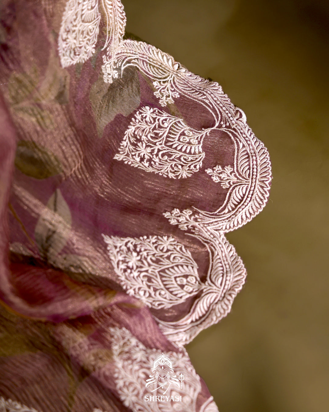 Handloom Pure Crushed Ektara Tissue Silk Saree with Floral Print and Scallop Embroidery