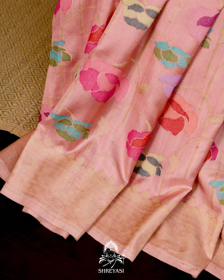 Banarasi Ektara silk saree with kadhwa meenakari weaving and all-over jamdani-inspired floral motifs