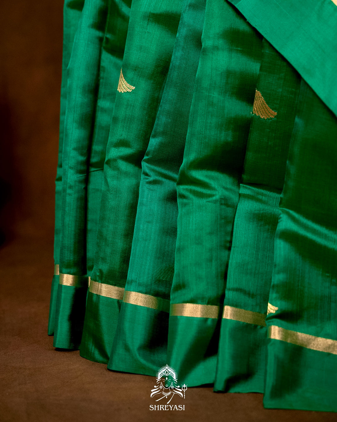 Handloom Pure Chanderi Pattu Silk Saree in Emerald Green with Bird Motifs