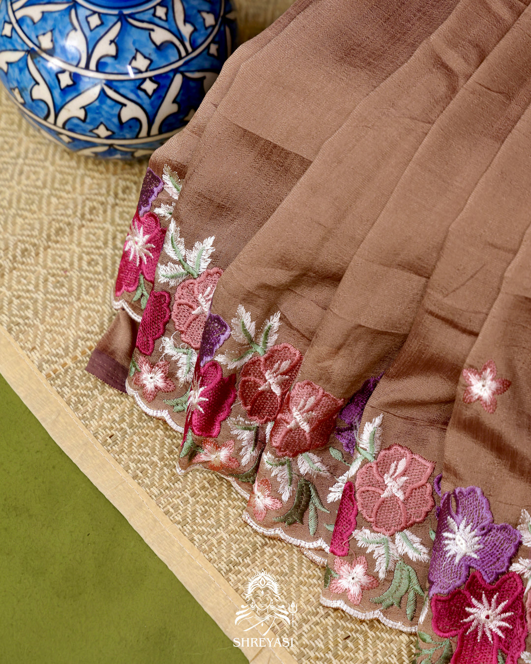 Tussar Silk Saree with Resham Floral Embroidery Border