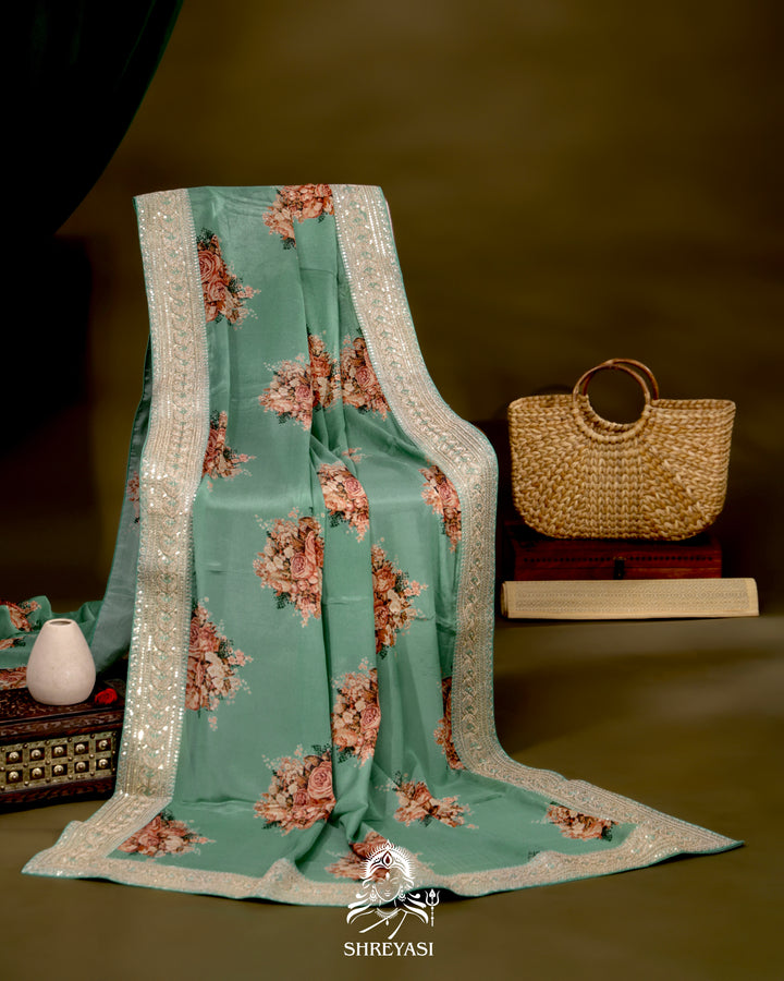 Crepe Satin Silk Saree with Floral Design and Embroidered Border