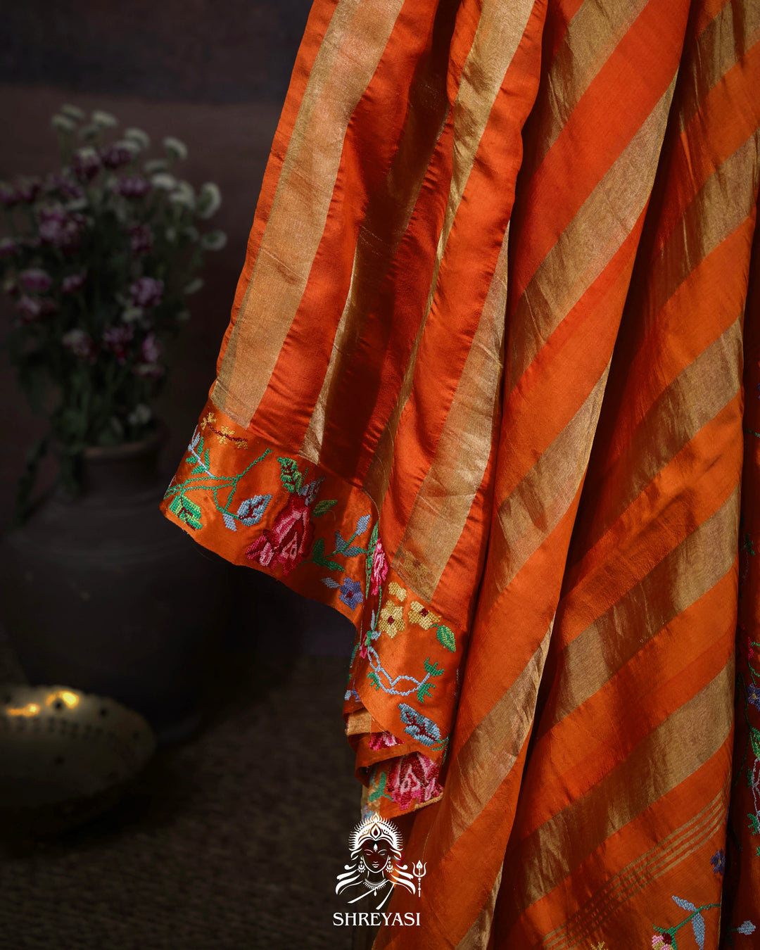Handloom Pure Banarasi Tissue Stripes Saree with Petit Point Embroidered Borders