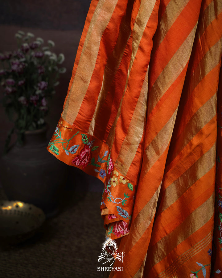 Handloom Pure Banarasi Tissue Stripes Saree with Petit Point Embroidered Borders