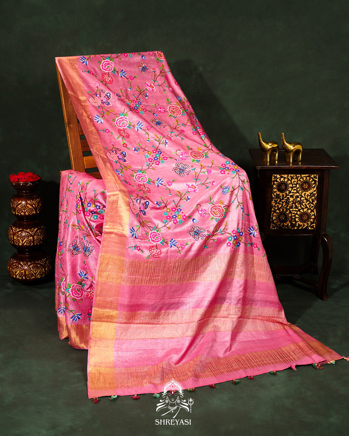 Handloom Pure Desi Tussar Silk Saree with Petit Point Embroidery