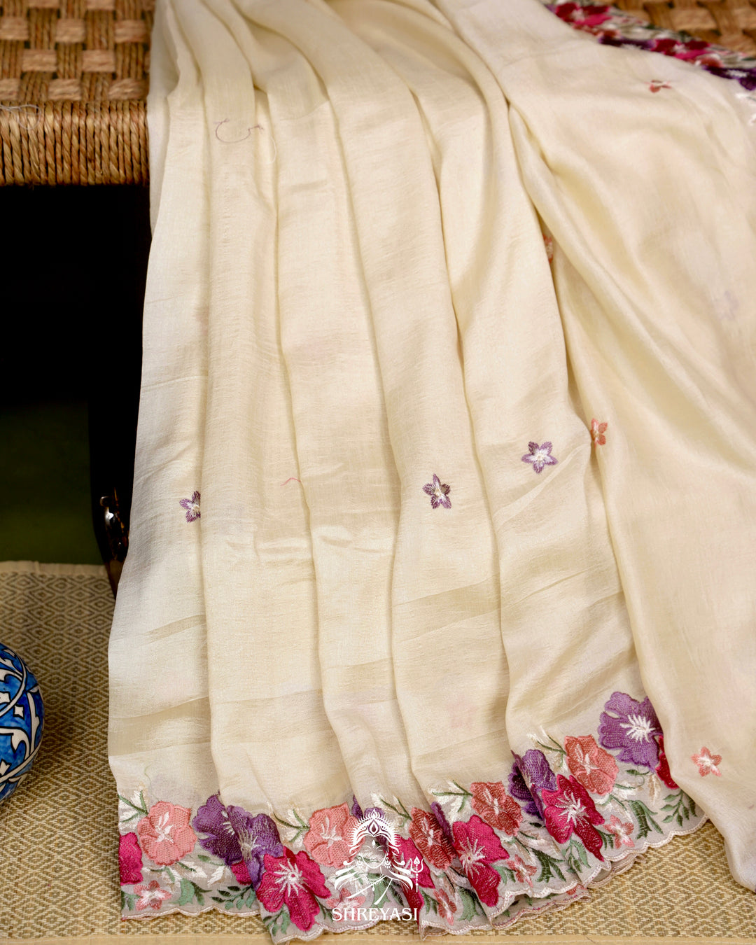 Tussar Silk Saree with Resham Floral Embroidery Border