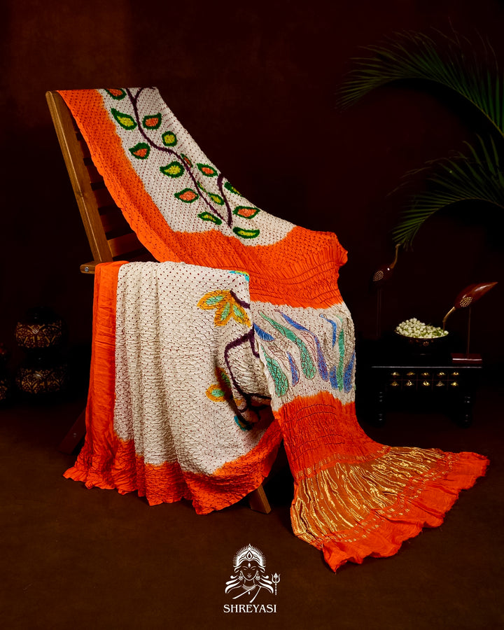 Pure Gaji Silk Designer Saree with Intricate Hand Knotted Bandhej Work