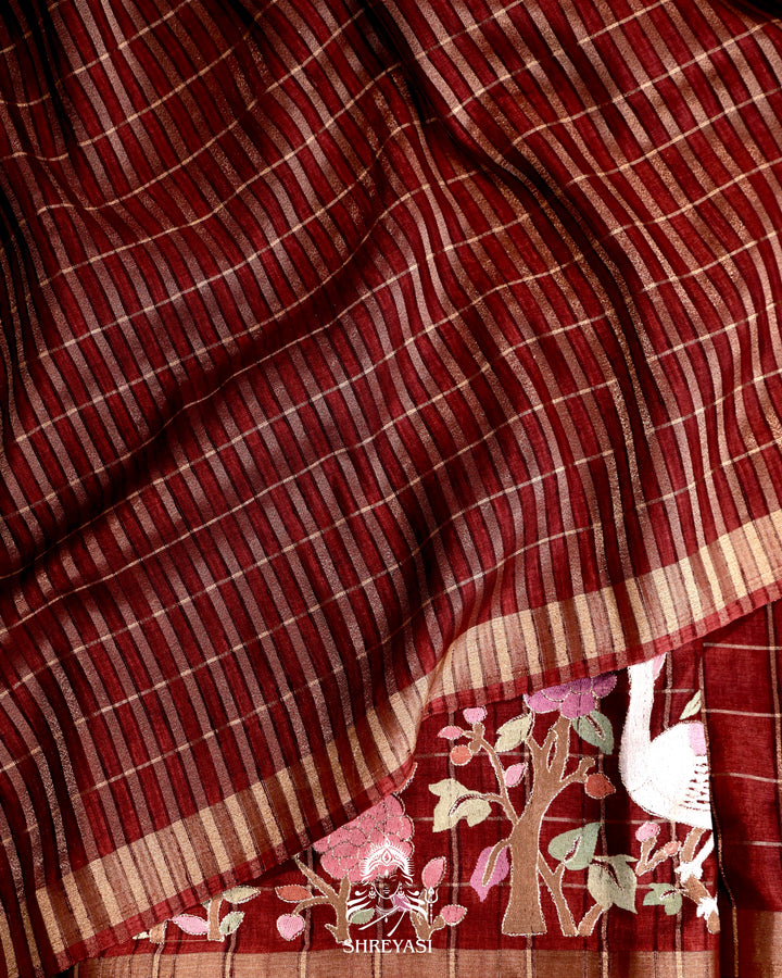 Pure Linen Tussar Silk Saree with Resham Embroidered Borders