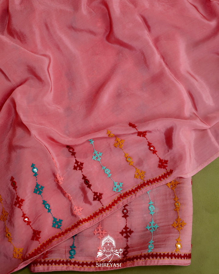 Pure Organza Silk Saree with Hand Embroidered Kutchi Shisha Mirror Work