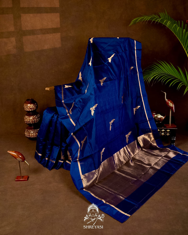 Handloom Pure Chanderi Pattu Silk Saree in Cobalt Blue with Bird Motifs