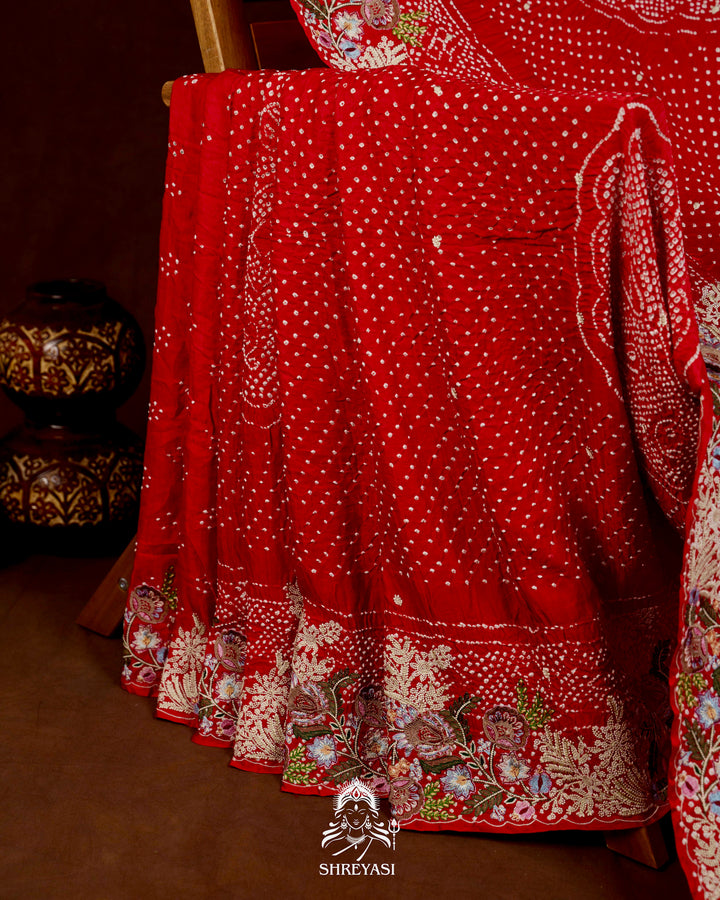 Handloom Pure Gaji Silk Bandhej Saree with Floral Embroidery in Scarlet Red