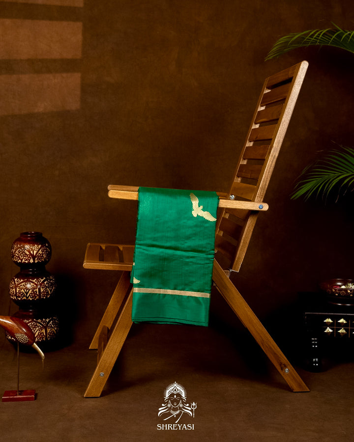 Handloom Pure Chanderi Pattu Silk Saree in Emerald Green with Bird Motifs
