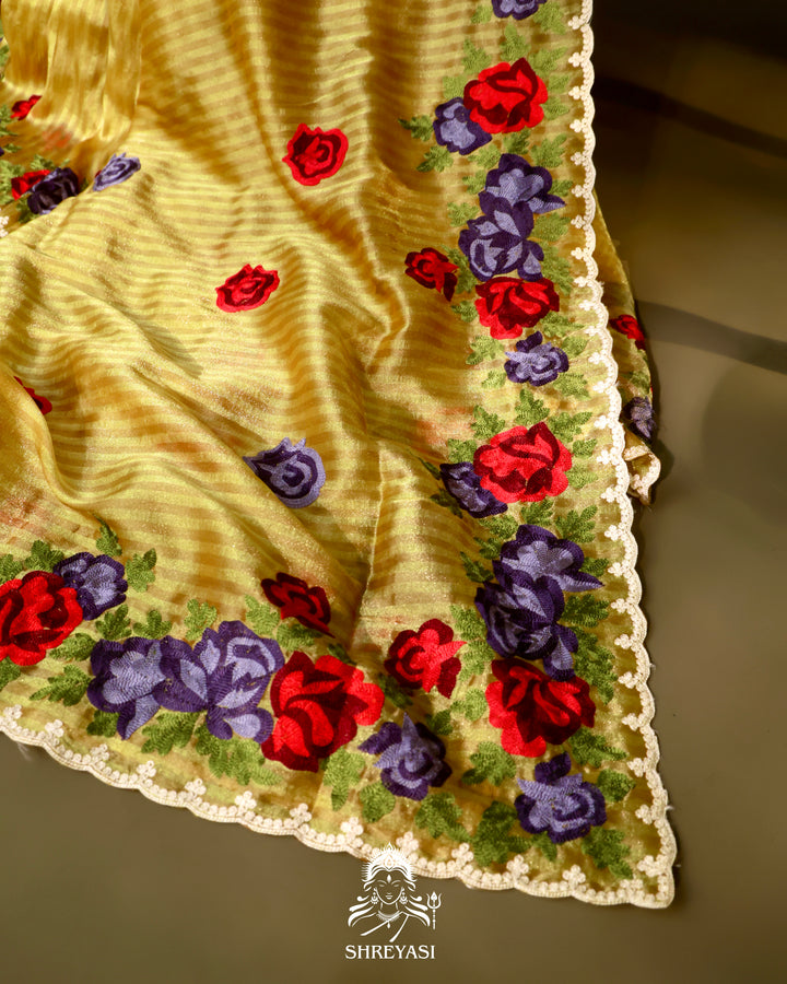 Chanderi Tissue Saree with Pita & Thread Floral Embroidery