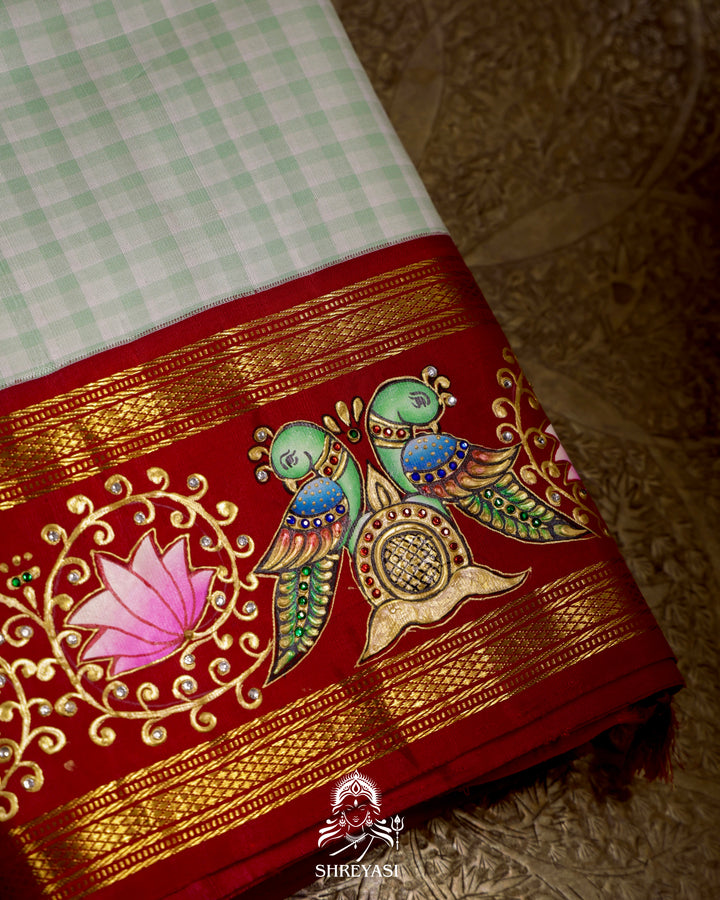 Handloom Pure Kanjivaram Silk Saree in Real Zari with Tanjore Kili and Kamalam Artwork