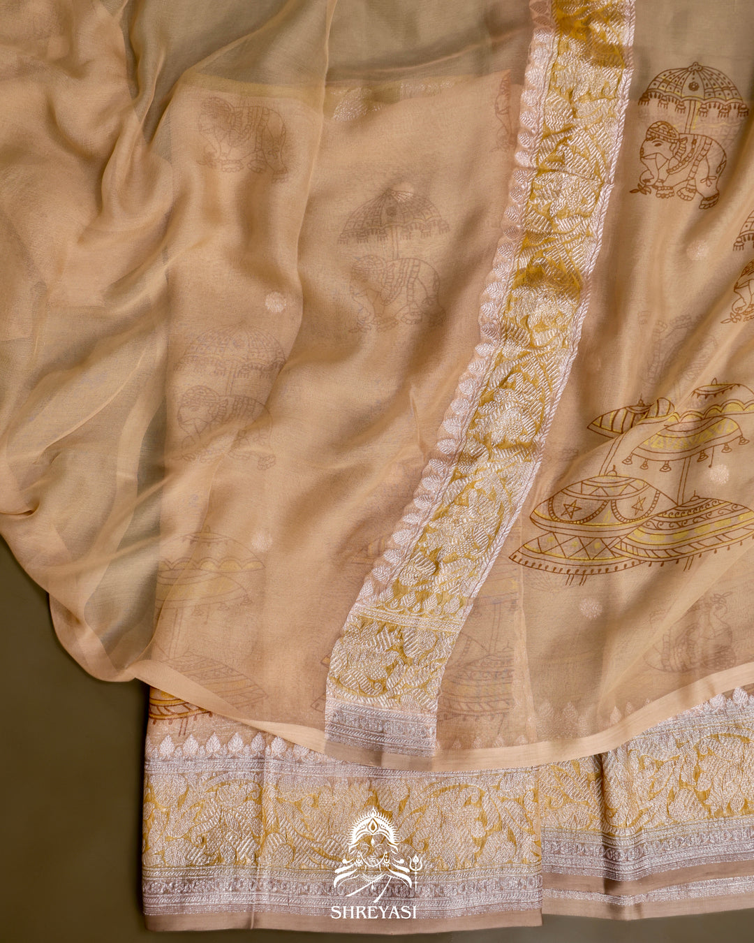 Banarasi Khaddi Chiffon Georgette Saree with Hand Block Motifs