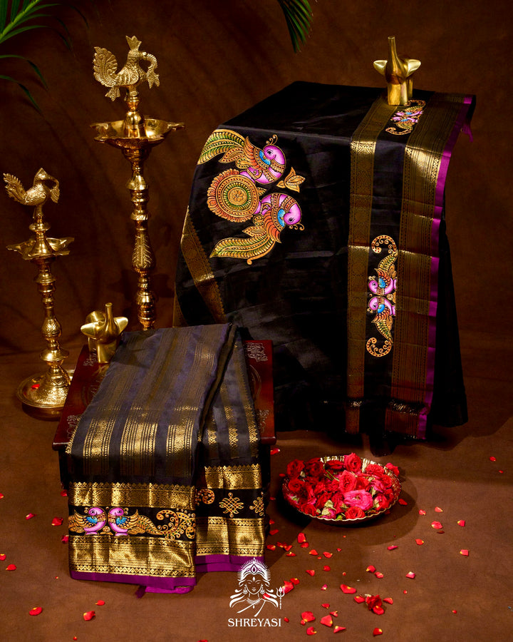 Handloom Pure Kanjivaram Silk Sarees with Real Zari and Hand Painted Tanjore Art