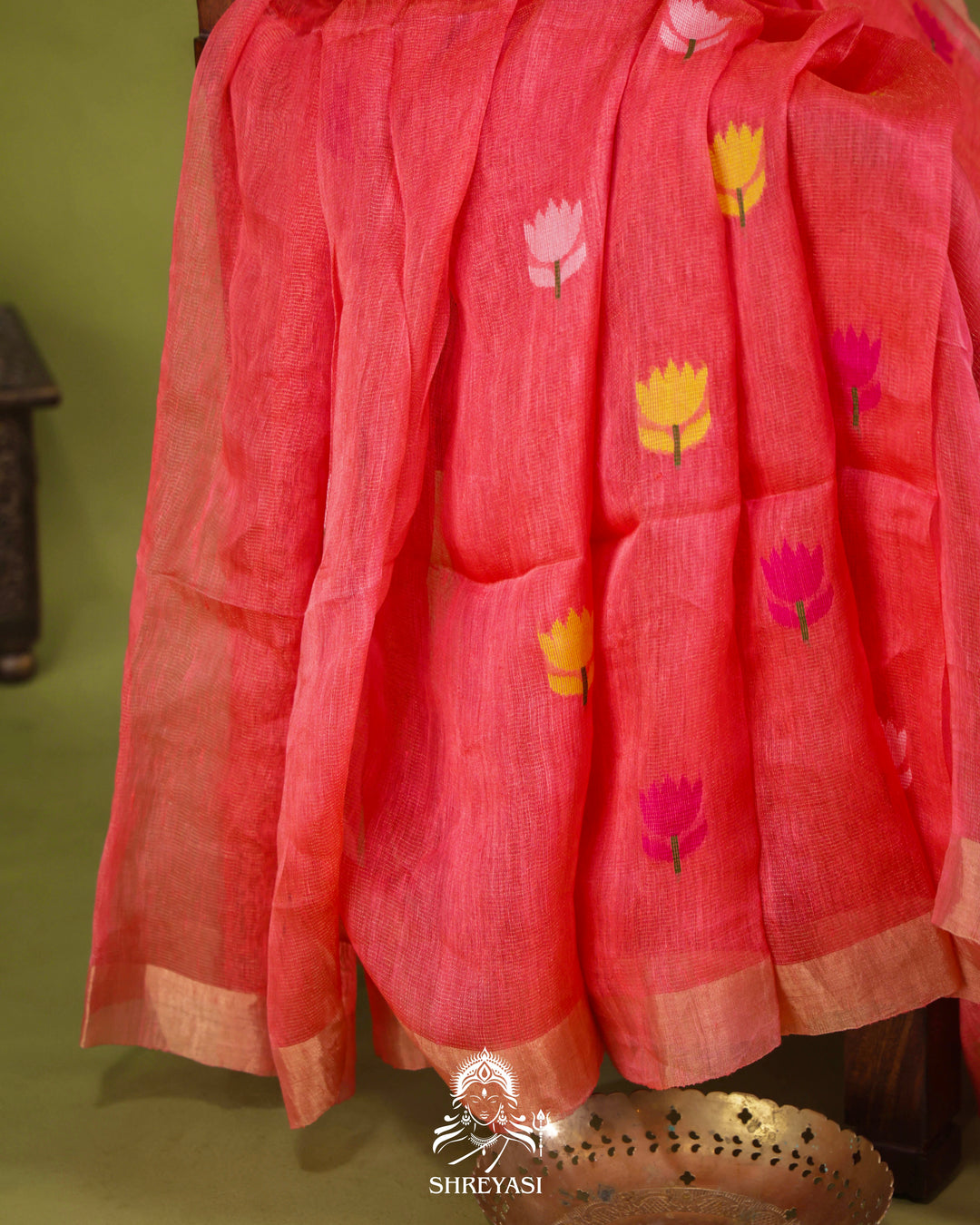 Handloom Silk Linen Jamdani Saree with Tissue Paithani Pallu