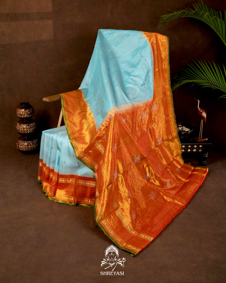 Handloom Pure Gadwal Silk Saree with Tissue Kuttu Border and full Bhuti Silk Blouse