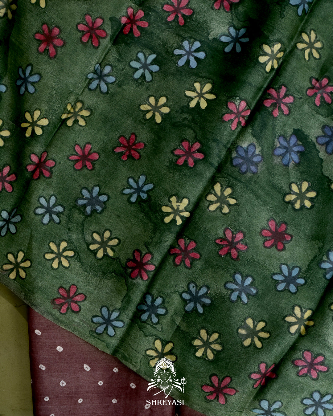 Handloom Pure Tussar Silk Saree with Hand Knotted Bandhej and Pen Kalamkari Pallu and Blouse