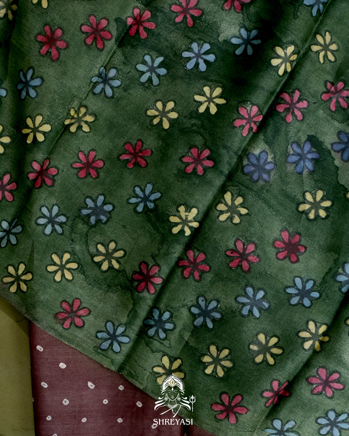Handloom Pure Tussar Silk Saree with Hand Knotted Bandhej and Pen Kalamkari Pallu and Blouse