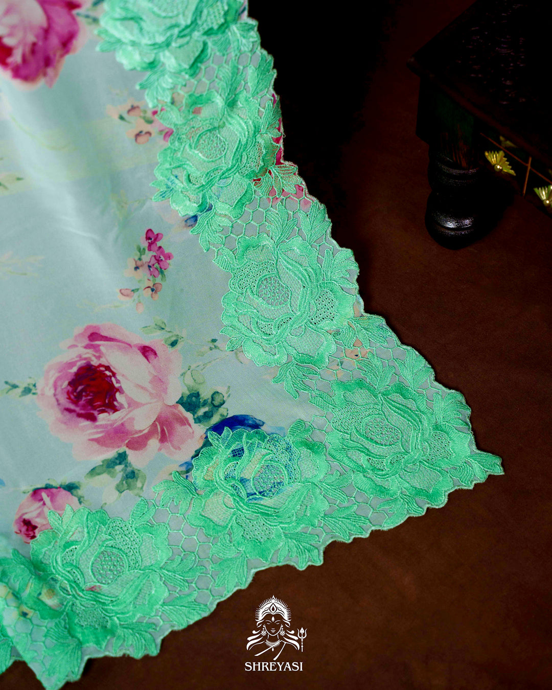 Pure Georgette Floral Saree with Chantilly Lace Embroidery Border