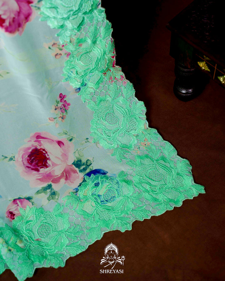 Pure Georgette Floral Saree with Chantilly Lace Embroidery Border