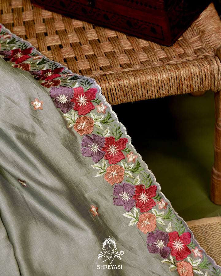 Tussar Silk Saree with Resham Floral Embroidery Border