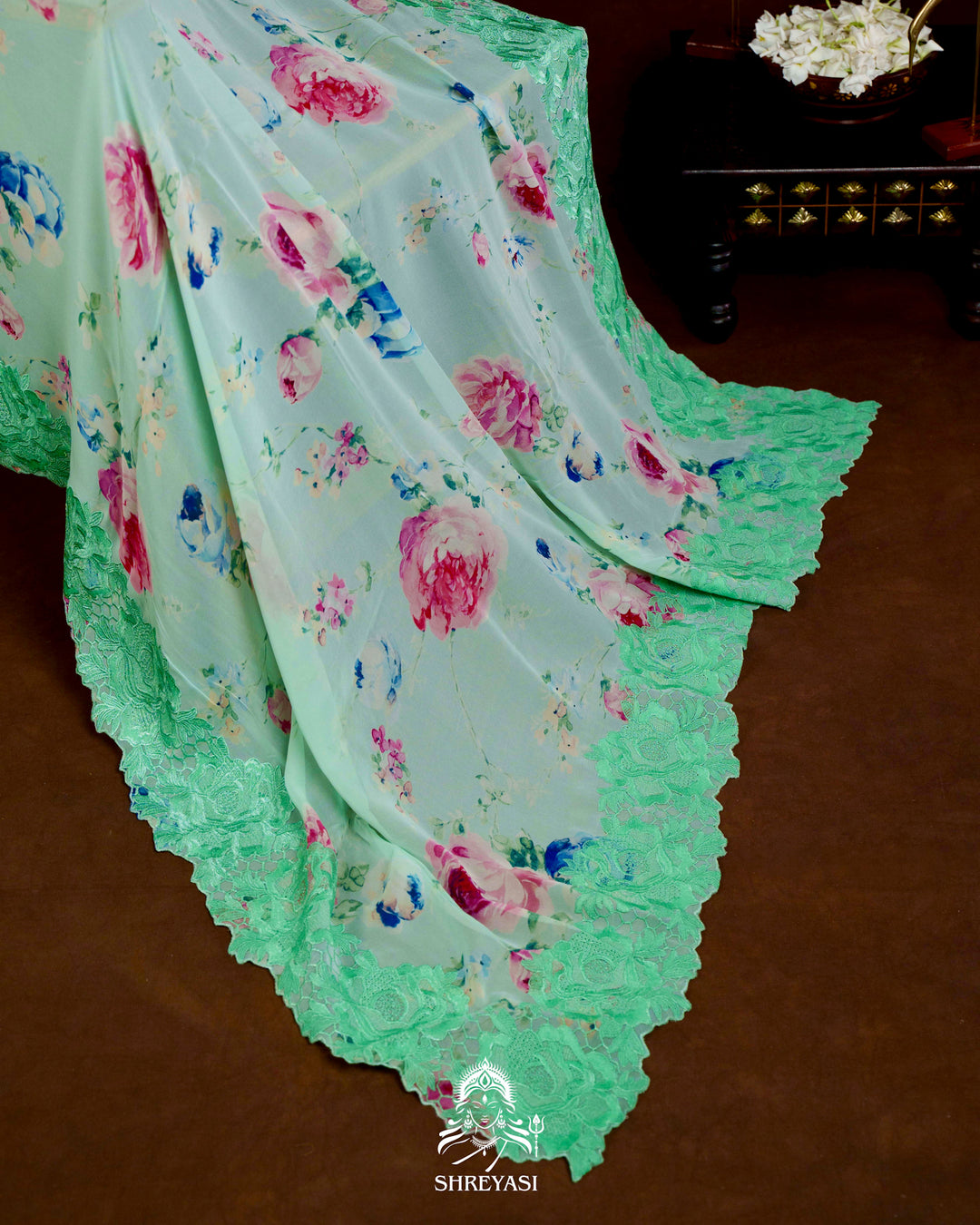 Pure Georgette Floral Saree with Chantilly Lace Embroidery Border