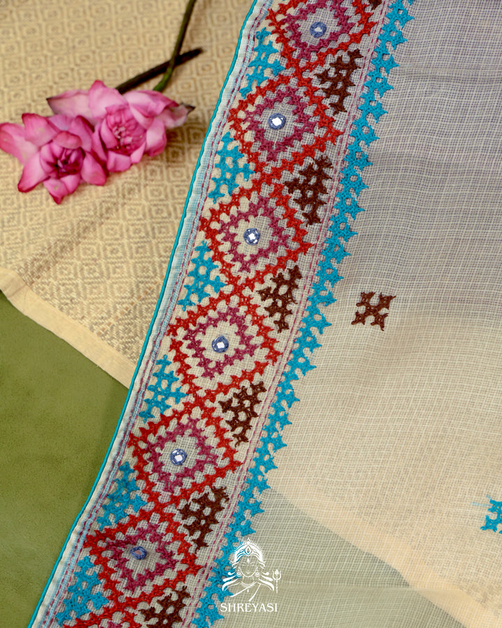 Handloom Pure Tussar Kota Saree with Kutch Hand Embroidery and Mirror Work