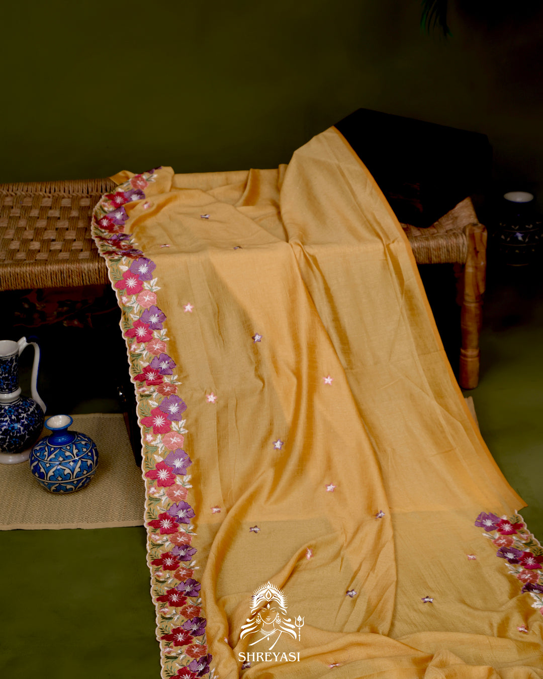 Tussar Silk Saree with Resham Floral Embroidery Border
