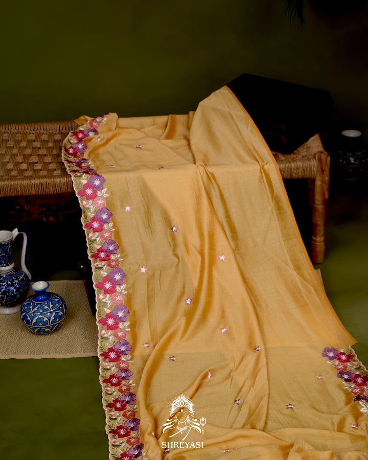 Tussar Silk Saree with Resham Floral Embroidery Border