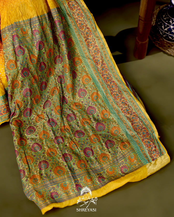 Hand Knotted Bandhej Tussar Silk Saree with Meenakari Weaving