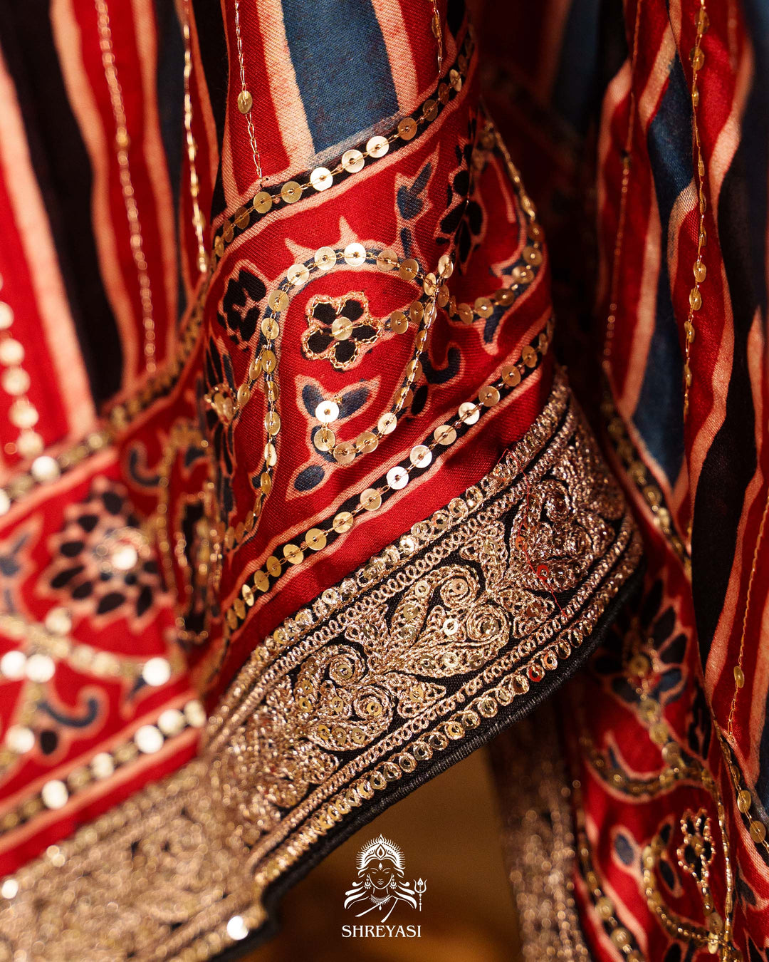 Handloom Pure Modal Silk Ajrakh Hand Block Printed Saree with Natural Dyes, All Over Aari Embroidery & Embroidered Borders