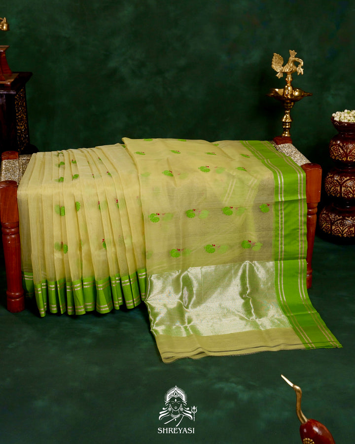 Handloom Pure Chanderi Silk Saree with Hand Embroidered Maggam Work Blouse