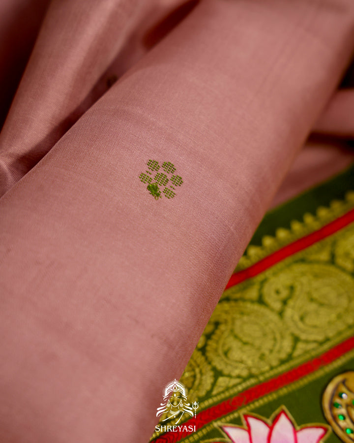 Handloom Pure Kanjivaram Silk Saree in Real Zari with Tanjore Yanai and Kamalam Artwork