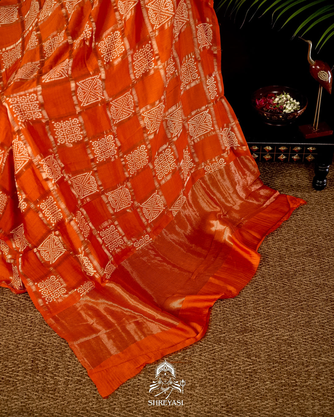 Gharchola-Style Bandhini Matka Silk Saree with Zari Checks