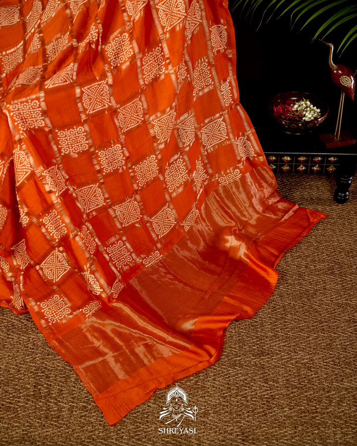 Gharchola-Style Bandhini Matka Silk Saree with Zari Checks