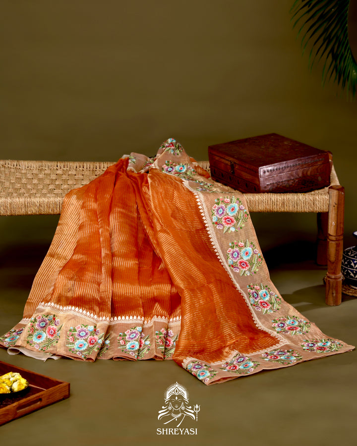 Handloom Banarasi Tissue Stripe Silk Saree with Satin Stitch Floral Embroidered Borders