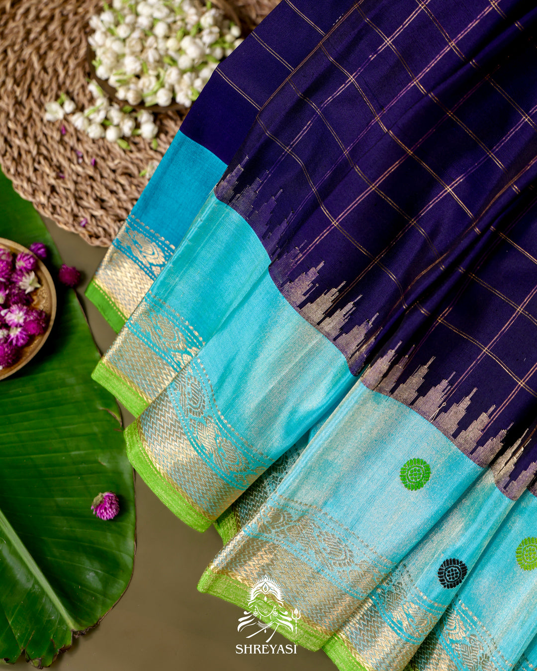 Handloom Pure Gadwal Silk Saree in Royal Blue with Aqua Tissue Borders