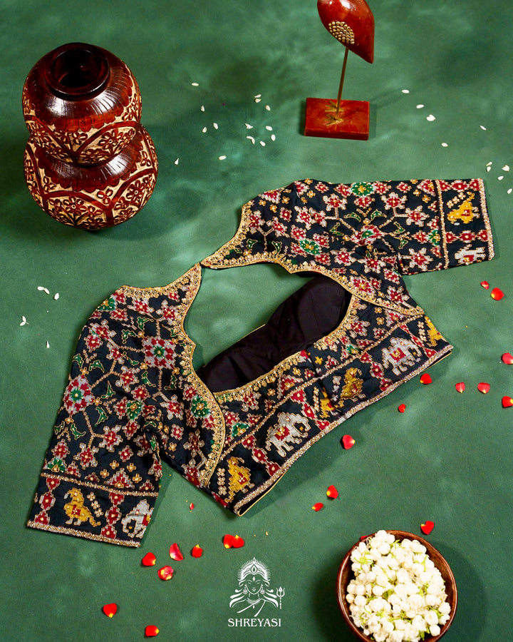 Handloom Pure Single Ikat Rajkot Patola Silk Blouse with Rich Hand Embroidery