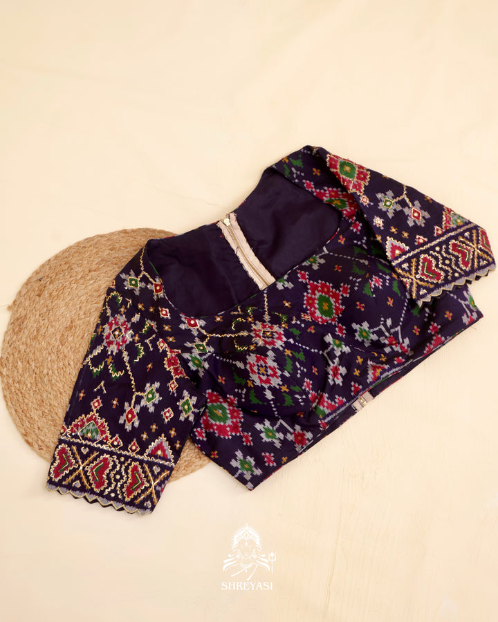 Rajkot Patola single ikat silk blouse with geometric motifs and pita embroidery