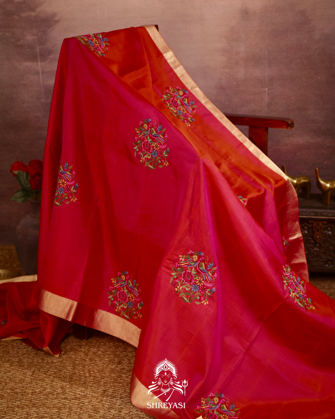 Handloom Pure Kanjivaram Soft Silk Saree with Petit Point Embroidered Floral Bird Clusters