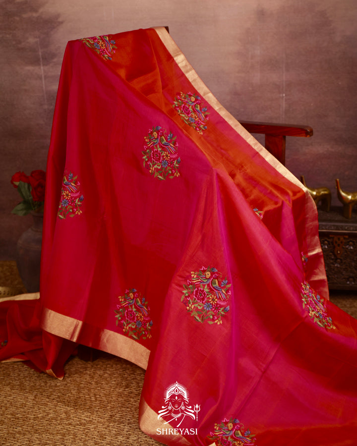 Handloom Pure Kanjivaram Soft Silk Saree with Petit Point Embroidered Floral Bird Clusters