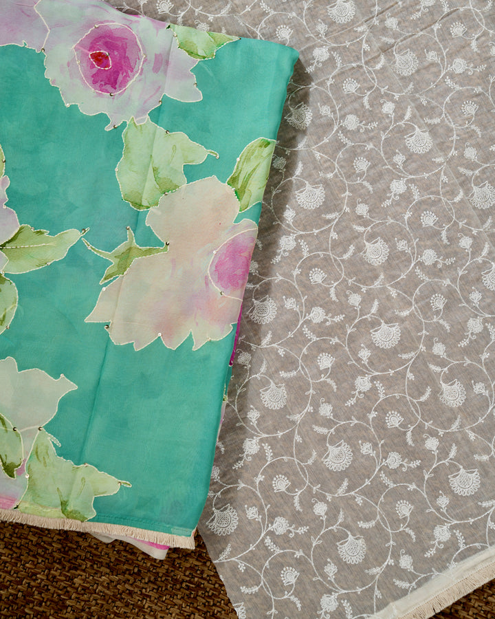 Pure Georgette Floral Saree with Thread Embroidery and Micro Sequins