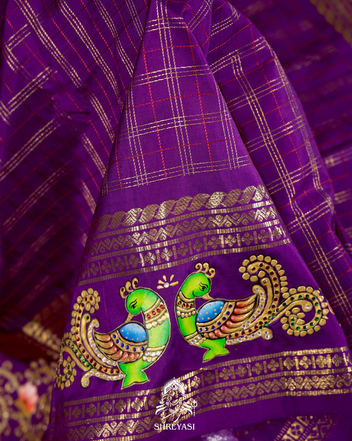 Handloom Pure Kanjivaram Silk Saree in Real Zari with Tanjore Mayil and Kamalam Artwork