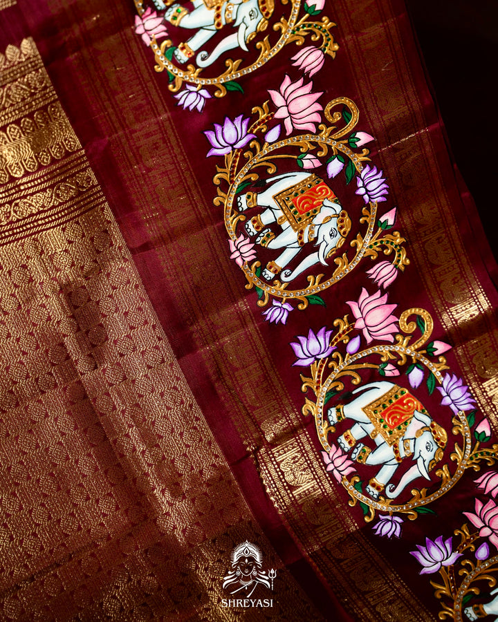 Traditional Tanjore Painting on Handloom Pure Kanjivaram Silk Sarees with Real Zari