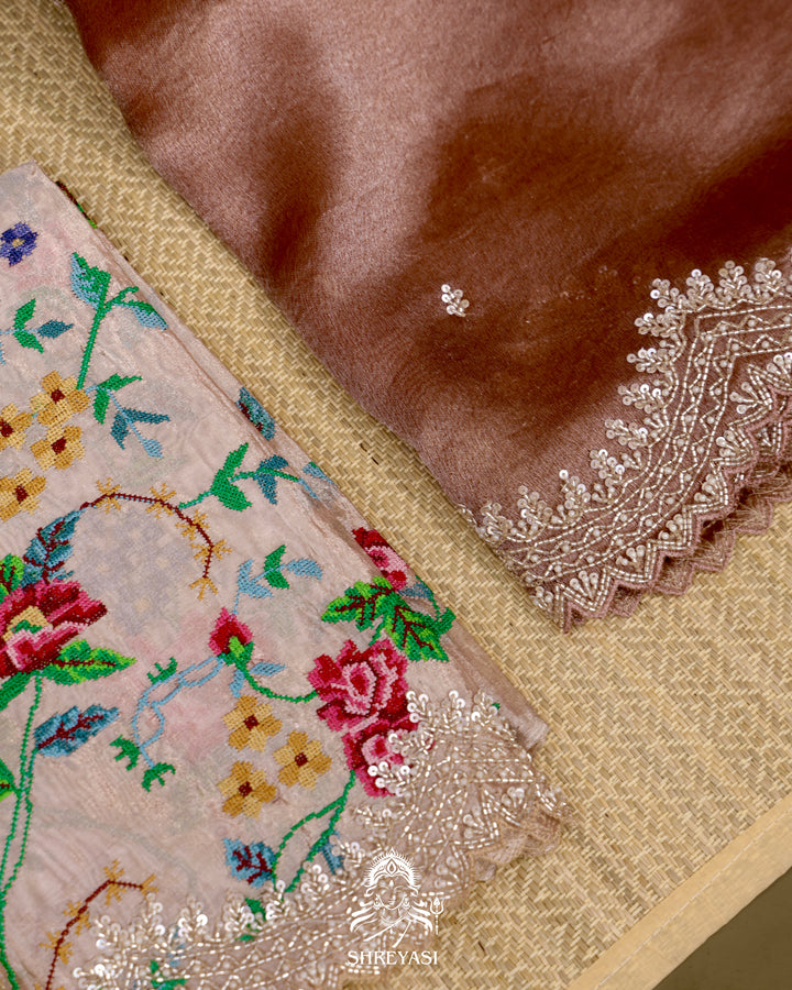 Tissue Silk Saree with Scallop Hand Embroidered Borders and Petit Point Embroidered Blouse