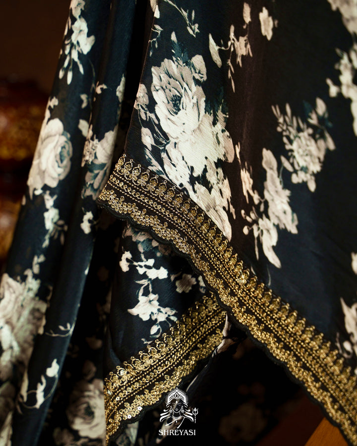 Midnight Noir Pure Chinon Satin Saree with Embroidered Borders